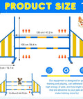 Adjustable Wing Jump Hurdles for Dog Agility Training with metal frame, bright colors, and adjustable bars shown in size diagram.