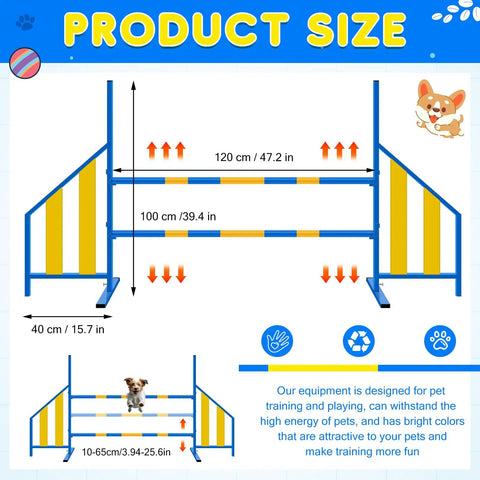 Adjustable Wing Jump Hurdles for Dog Agility Training with metal frame, bright colors, and adjustable bars shown in size diagram.