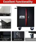 Rolling Tool Cart With Double Doors Lockable Partition And Stainless Steel Top for garage workshop storage shown with features.