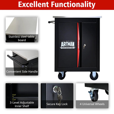 Rolling Tool Cart With Double Doors Lockable Partition And Stainless Steel Top for garage workshop storage shown with features.