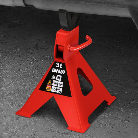 DNA Motoring 3-ton jack stand, red steel, under vehicle with adjustable height