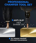 Top Shelf M35 Cobalt Countersink Drill Bit Set With Six Knockout Chamfer Tools Featuring A Solid Quarter Inch Hex Shank Built Tough For Quick Wood And Metal Drilling Jobs That Need Clean Angles And Zero Hassle Every Single Workday, demonstrating anti-slip hex shank on metal.