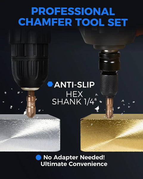 Top Shelf M35 Cobalt Countersink Drill Bit Set With Six Knockout Chamfer Tools Featuring A Solid Quarter Inch Hex Shank Built Tough For Quick Wood And Metal Drilling Jobs That Need Clean Angles And Zero Hassle Every Single Workday, demonstrating anti-slip hex shank on metal.