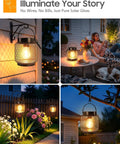 Metal Outdoor Solar Lanterns 2 Pack Waterproof Hanging Lights glowing at night in garden settings
