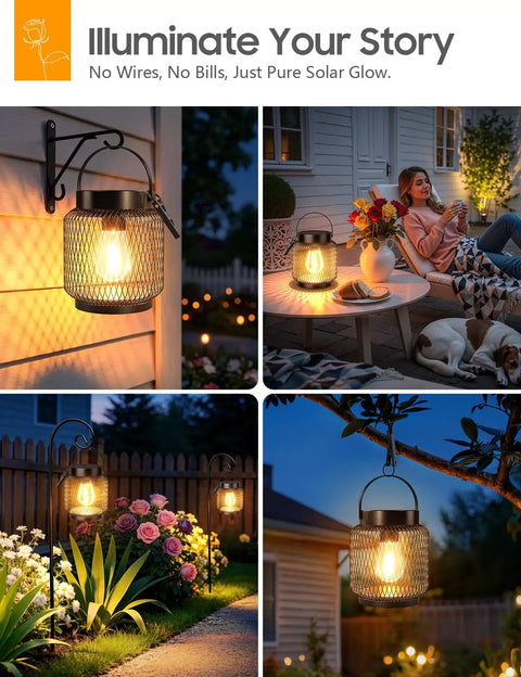 Metal Outdoor Solar Lanterns 2 Pack Waterproof Hanging Lights glowing at night in garden settings