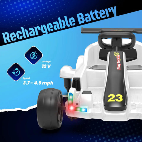 Rear view of 12V Kids Electric Drift Go Kart For Ages 4 And Up With Music And LED Lights Swivel Rear Wheels Adjustable Seat Belt