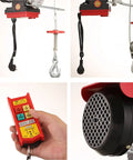 Heavy Duty Electric Hoist Winch With Remote Control Industrial Cable Crane Lift 150Kg 510W Copper Motor Steel Pulley Setup Close-up of remote control and hoist features.