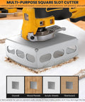 Upgrade 2 Pc Drywall Outlet Cutter Sets With Square Slot Blades For Oscillating Multi Tools cutting drywall and wood panels on a table.