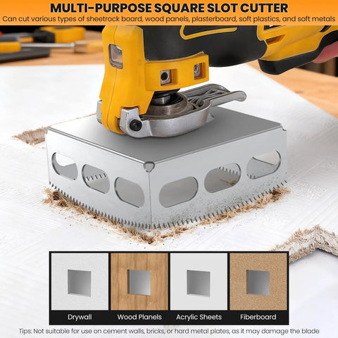 Upgrade 2 Pc Drywall Outlet Cutter Sets With Square Slot Blades For Oscillating Multi Tools cutting drywall and wood panels on a table.