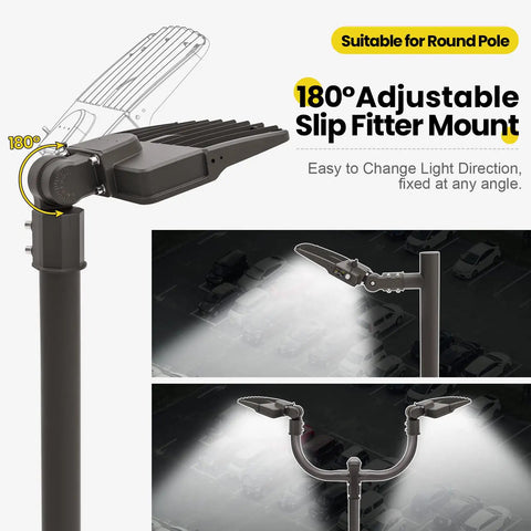 Led Parking Lot Light With Switchable 200W 180W 150W Output showing 180-degree adjustable slip fitter mount on round pole.