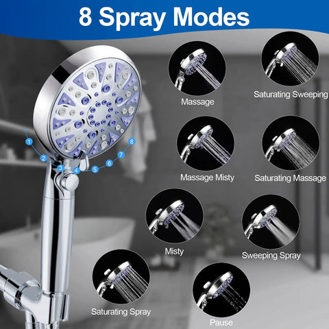 Detachable High Pressure Handheld Shower Head With 15 Stage Filtration System featuring 8 spray modes shown in diagram.