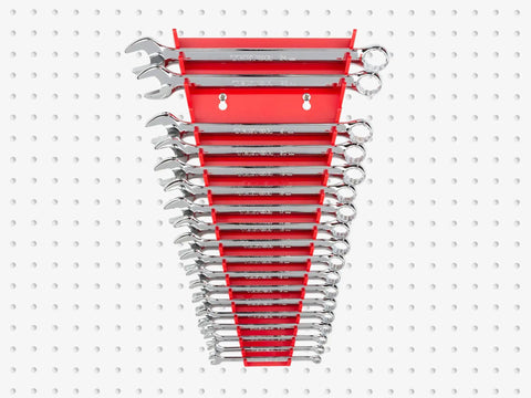 19 Tool Wrench Organizer Rack For 1/4 To 1-1/4 Inch Wrenches, Red Finish, Grab-And-Go Quick Access Slots, wall mount on pegboard