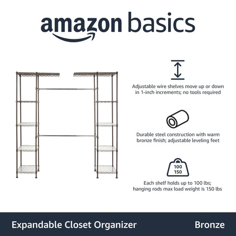 Amazon Basics expandable closet organizer, bronze metal, adjustable shelves, fits 57-80 inches, holds 100 lbs per shelf.