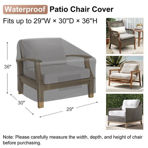 Waterproof Patio Chair Covers 29W x 30D x 36H 2 Pack Heavy Duty Outdoor Lounge Chair Covers protect patio furniture diagram.