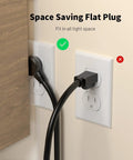 Six Foot Indoor Outdoor Extension Cord With Flat Plug Locking 35 Degree Plug Three Prong Grounded 16 AWG 125V 1625W UL Listed Black Workhorse For Tools And Outdoor Gear showing space-saving flat plug in use behind furniture