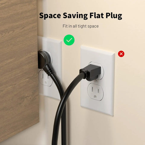 Six Foot Indoor Outdoor Extension Cord With Flat Plug Locking 35 Degree Plug Three Prong Grounded 16 AWG 125V 1625W UL Listed Black Workhorse For Tools And Outdoor Gear showing space-saving flat plug in use behind furniture