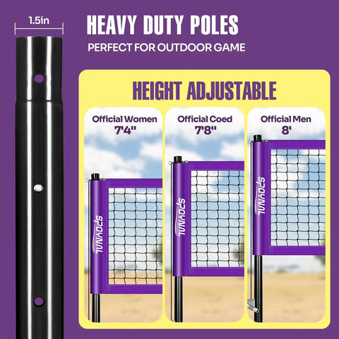 Portable Volleyball Net Set With Adjustable Steel Poles, Anti Sag Winch System, Easy Setup Pump, Boundary Lines, And Carry Bag