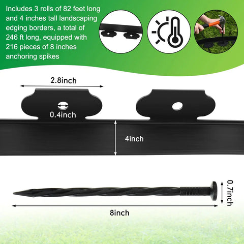Diagram of 246 Ft No Dig Garden Edging Kit with dimensions, showing 4 inch tall border and 8 inch anchoring spike with installation info