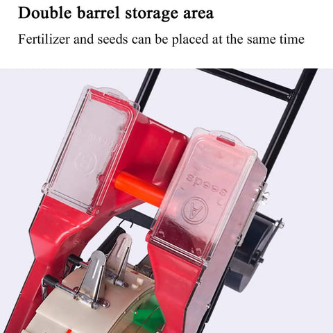 Product image of All In One Garden Seeder And Fertilizer Applicator Set highlighting dual seed and fertilizer buckets.