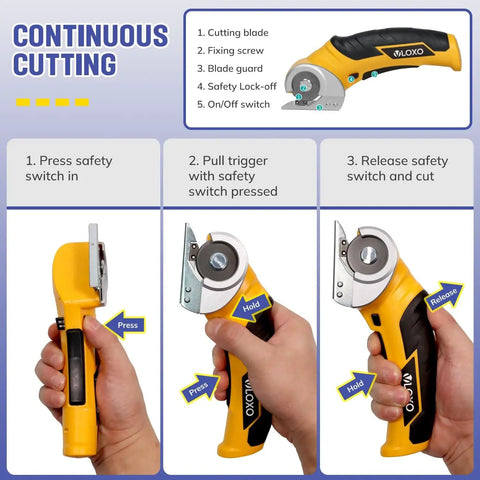 Cordless Cardboard Cutter Electric Scissors With Safety Lock For Cardboard, Fast 240 RPM Cutting, in use showing operation steps