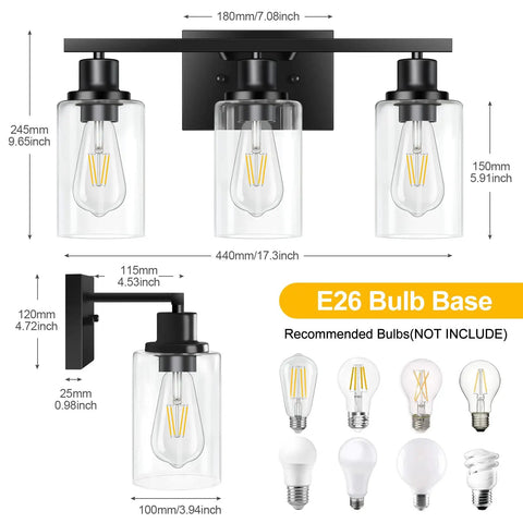 Diagram of Three Light Matte Black Vanity Fixture For Bathroom Over Mirror And Hallway with measurements and bulb compatibility.