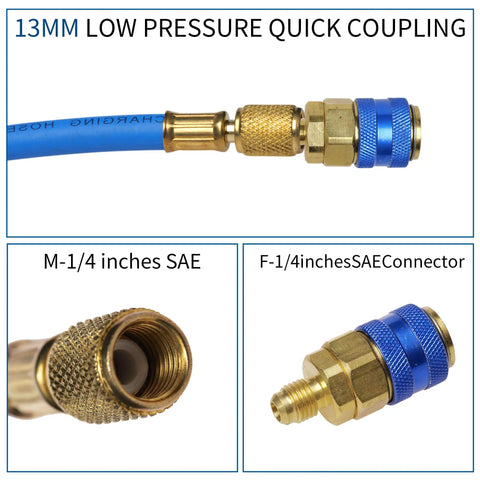 Oil And Dye Injector Kit For Car HVAC AC Compressors, 13mm quick coupler, 1/4 SAE connector, blue and gold components
