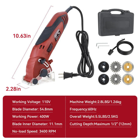 Corded Mini Circular Saw Kit With 400W 110V Power, 3400 RPM, And 6 Blades, toolbox and accessories for tight space cutting
