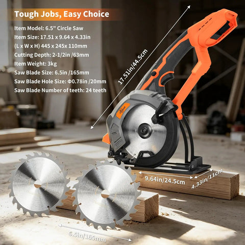 Heavy Duty Brushless Cordless Circular Saw Features 21 Volt 1500 Watt Motor Delivering 7000 Rpm with two 6.5in blades.