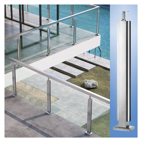 Solid 304 Stainless Steel Railing Post Kit For Decks And Staircases with frameless glass panels overlooking a pool.