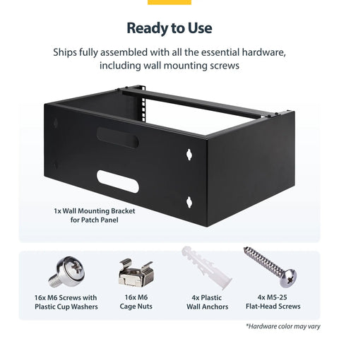 Heavy Duty 4U Wall Mount Network Rack Featuring No Sweat Assembly For Shallow Servers Switches And Patch Panels With Clean Cable Clearance and hardware.