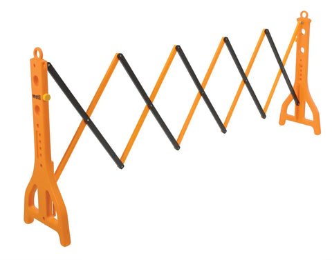 Expandable Plastic Safety Gate Expand A Gate Yellow 38 Inch High 122 Inch Extended Width Water Fillable Hollow Sides Reflectors For Visibility Heavy Duty Barrier For Construction Sites Workshops And Unsafe Areas, shown in expanded state.