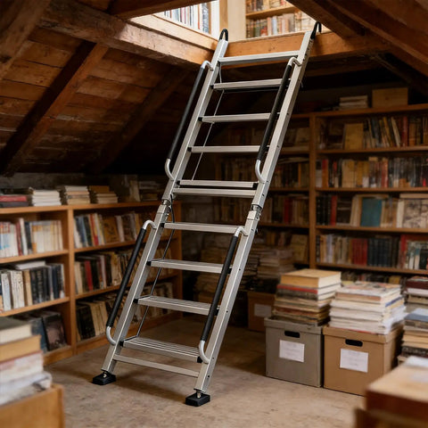 Foldable Aluminum Attic Ladder With 8 Step Design Portable Bunk Bed Access Stair With Handrails Built Tough Anti Slip Metal Climb Step Ladder For Dorm RV Home Supports 330 Lbs Easy Fold And Store in attic library