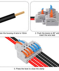 Steps to use 10Pcs 2 In 6 Out Lever Wire Connector Kit for quick DIY connects with splitters and flame retardant insulation shown.
