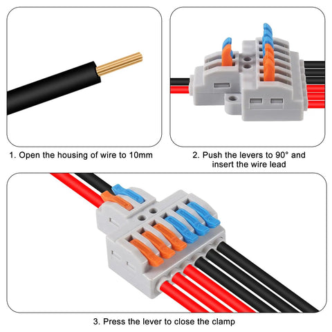 Steps to use 10Pcs 2 In 6 Out Lever Wire Connector Kit for quick DIY connects with splitters and flame retardant insulation shown.