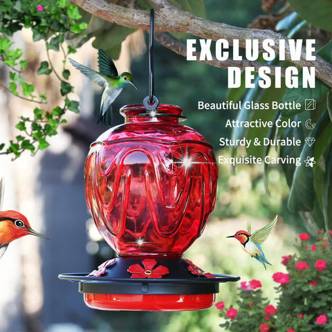 Red Glass Hummingbird Feeder For Outdoors Hanging 24 Ounce Nectar Feeder With Perch Five Flower Ports Leak Proof Base And Hook