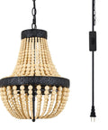 Boho Natural Wood Beaded Pendant Light With Long Plug In Cord And Chain Three Light Black Hanging Lamp For Kitchen Dining Room Bedroom And Living Areas Non Dimmable Rustic Cozy Glow