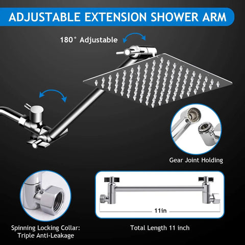 8 Inch Rain Shower Head Set With 11 Inch Adjustable Extension Arm and 5 Function Handheld Shower Head displayed in features layout