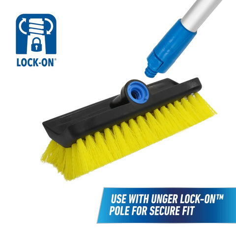 HydroPower 10-Inch Bi-Level Scrub Brush for Tough Grime, Lock-On Outdoor Cleaning Tool with yellow bristles and lock-on feature