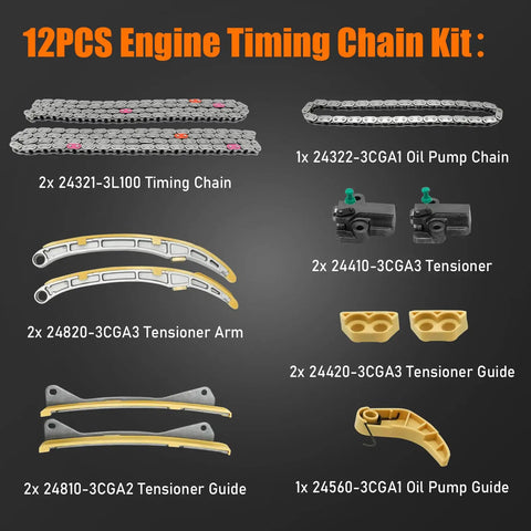 Kia 3.3 Timing Chain Kit For Sorento Sedona Cadenza K900 And Hyundai Azera Santa Fe Genesis G70 G90 3.3L 2013-2020 12 Piece Kit layout