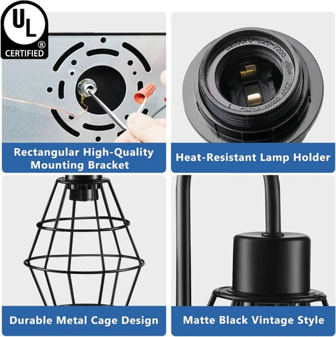 Rectangular mounting bracket and details of Retro Industrial Bathroom Vanity Light With Cage Shades 3 Light Matte Black Wall Sconce