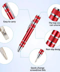 Pen Shaped 8 In 1 Magnetic Pocket Screwdriver Set For Dads And Gadget Lovers in red showing quick change bits and non-slip design