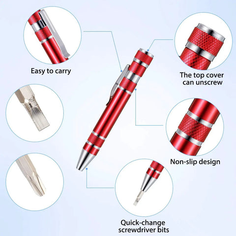 Pen Shaped 8 In 1 Magnetic Pocket Screwdriver Set For Dads And Gadget Lovers in red showing quick change bits and non-slip design