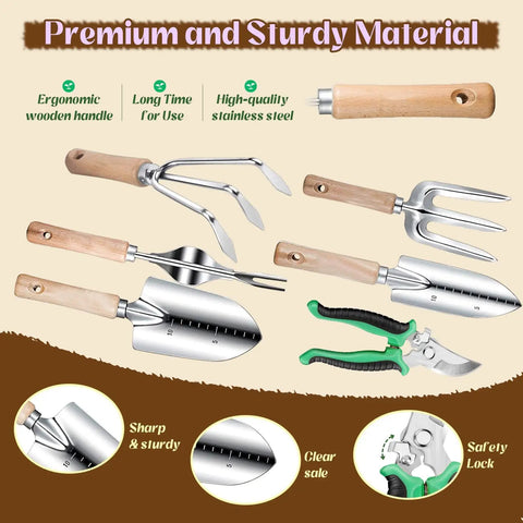 All In One 9 Piece Heavy Duty Garden Tool Set With Stainless Steel Hand Tools Purple Floral Tote Bag And Repotting Mat Perfect Garden Kit For Women Gift For Any Gardener with ergonomic handles and stainless blades.