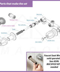 Faucet Trim Kit Compatible With Popular Tub And Bath Fixtures diagram with parts labeled including handles, stems, seats, and flanges.