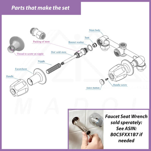 Faucet Trim Kit Compatible With Popular Tub And Bath Fixtures diagram with parts labeled including handles, stems, seats, and flanges.