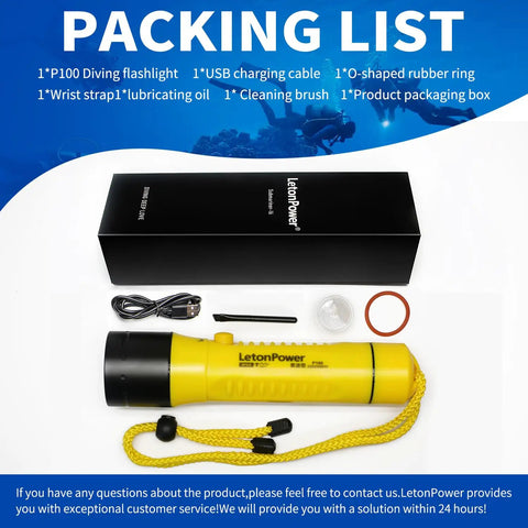 Packing list with Underwater Dive Light 1800 Lumens Beast Brightness Waterproof IP68 To 100m Cree LED flashlight and accessories.