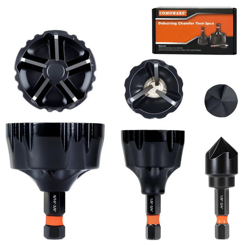 Threaded Rod Deburring Tool With External Chamfer Bit For Metal, Heavy Duty Tungsten Carbide Chamfer Bit, Deburring Drill Bit, Quick Release Shank, Fits 1/8 To 1-3/8 Inch (3mm To 35mm), Five C2 Carbide Tips And M2 Steel Countersink shown in packaging and multiple views