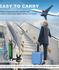 Woman carrying 1L Mini Scuba Tank With Snorkel Mask, Pony Bottle Backup Air Cylinder For Diving And Emergency Rescue, Ideal For Shallow Water Fun, Easy To Carry And Refill, Delivers About 15 To 20 Minutes Of Continuous Breathing Time, next to airplane stairs.