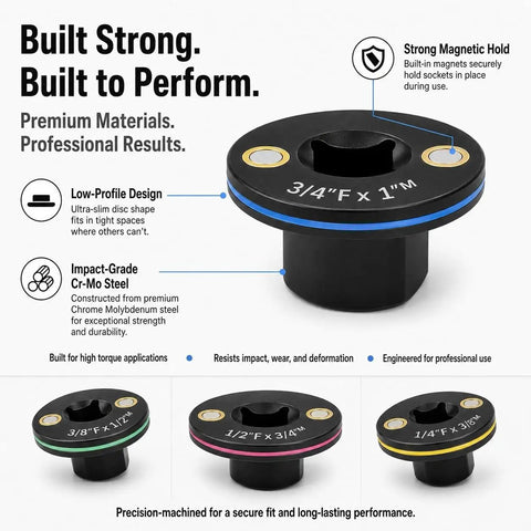 Mewach Low Profile Impact Socket Adapter Set That Is Super Rad For Tough Jobs With Magnetic Grip And Cr-V Build, Perfect 4-Piece Kit For Tight Engine Bays And Wheel Wells To Get The Job Done Fast Without Breaking A Sweat. 3/4" F x 1" M adapter with magnetic hold, low-profile Cr-Mo steel