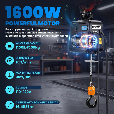 Electric Hoist Pro 1100lb Winch With Single And Double Hooks, 110v 120v Beefed Up Lift System, Wireless Remote And Cable Control displayed